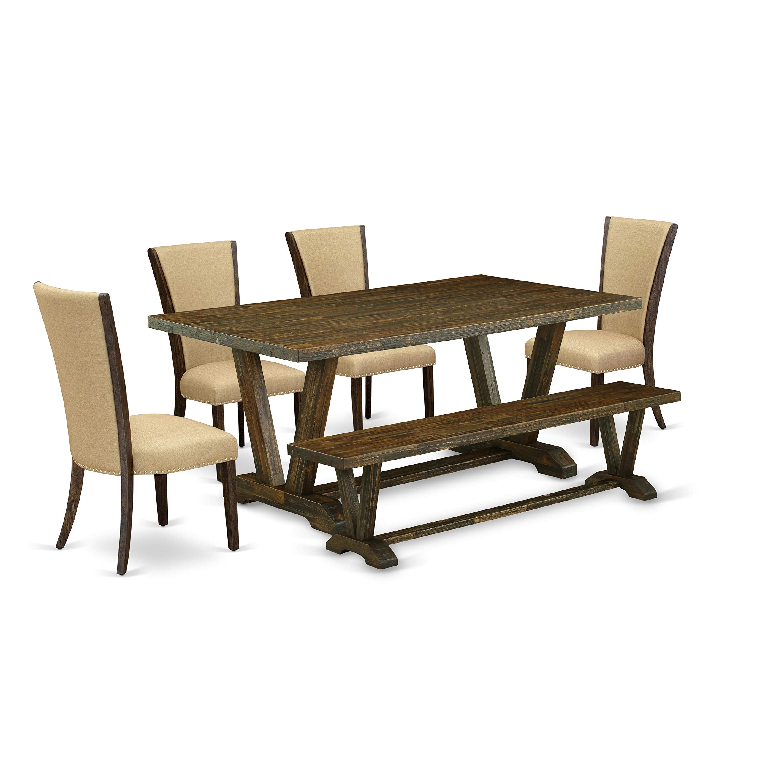 East West Furniture V777VE703-6 V-Style 6 Piece Set Contains a Rectangle Dining Room Table with V-Legs and 4 Brown Linen Fabric Parson Chairs with a Bench, 40x72 Inch